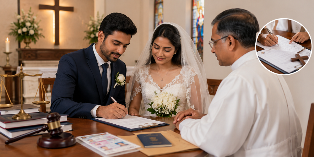 Christian couple signing marriage registration documents in a church with legal paperwork and official marriage certificate process 
